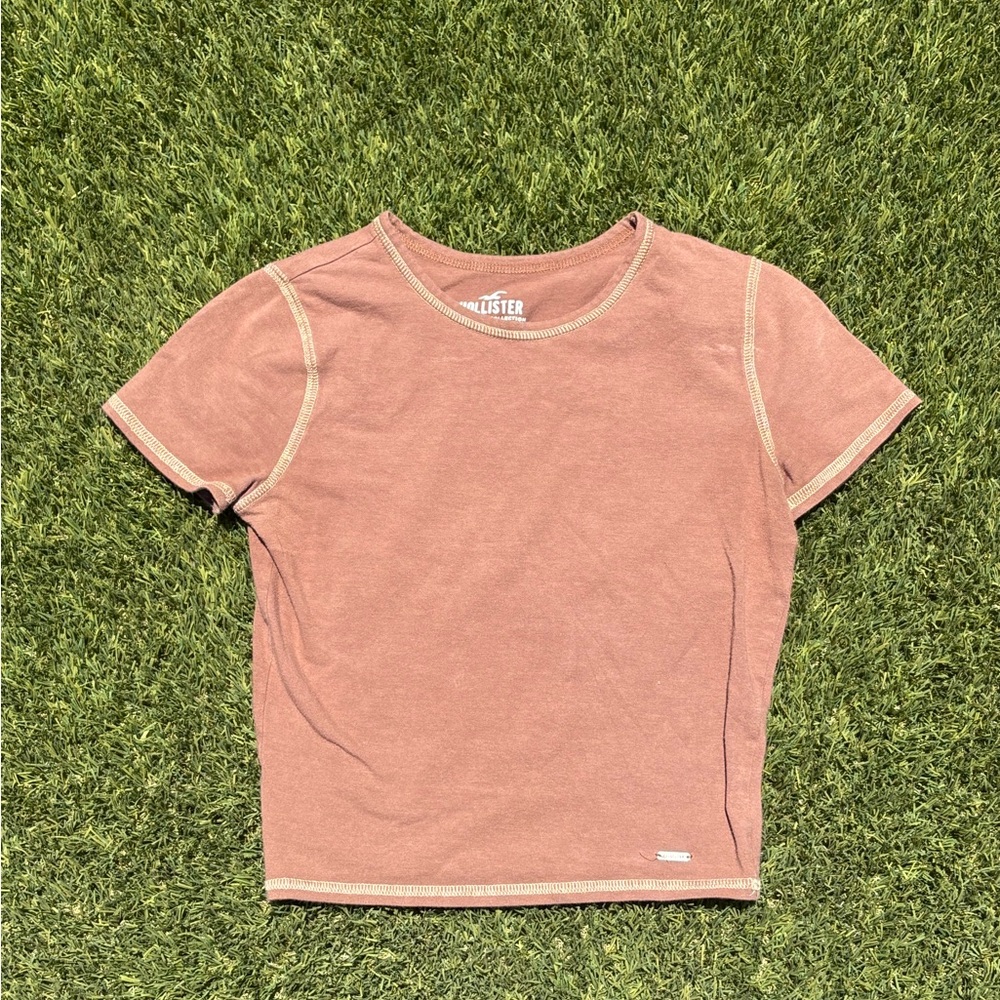 Hollister Baby Tee in Brown with White Stitching